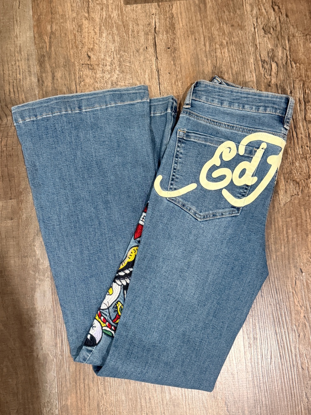 NWT Ed Hardy Blue Flare Jeans with Cream Graphic & Multicolor Trim